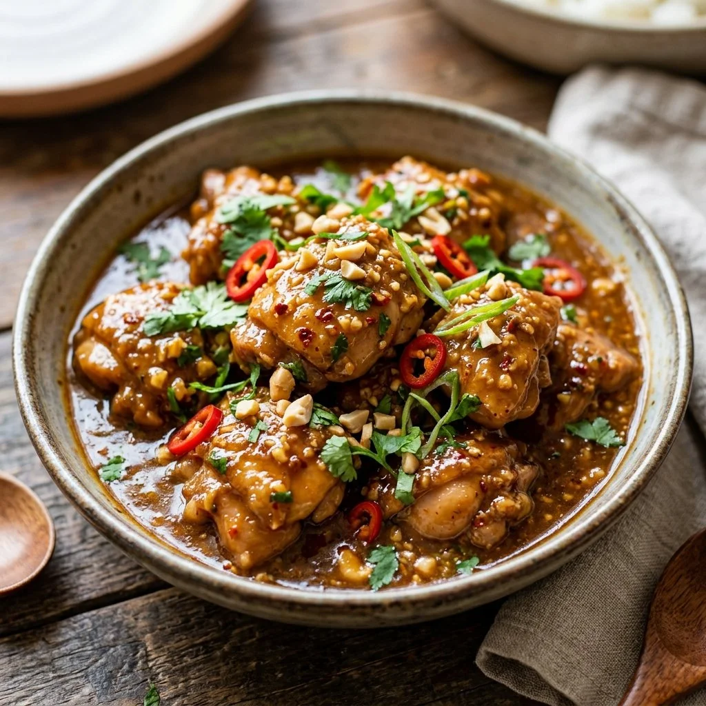 Plate of delicious Peanut Sauce Chicken garnished with fresh herbs