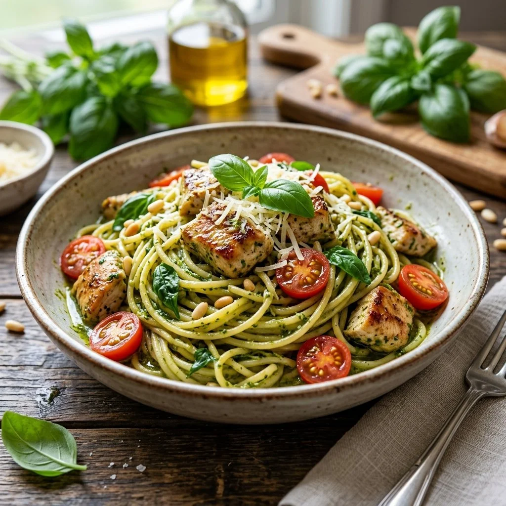 Plate of pesto chicken pasta with vibrant green basil sauce and grilled chicken slices.