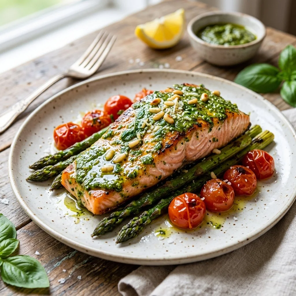 Delicious pesto salmon fillet garnished with basil and served on a plate.