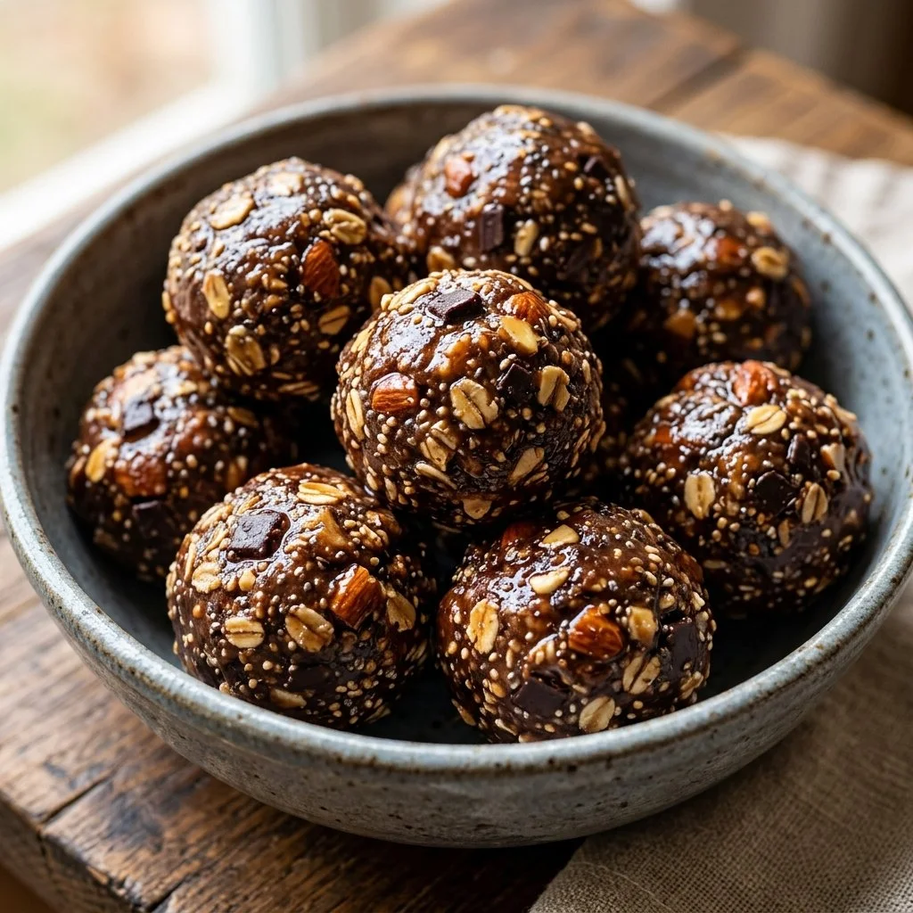 Homemade protein balls made with nuts and chocolate for a healthy snack.