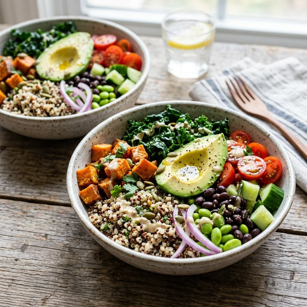 Colorful quinoa power bowls filled with fresh veggies and proteins