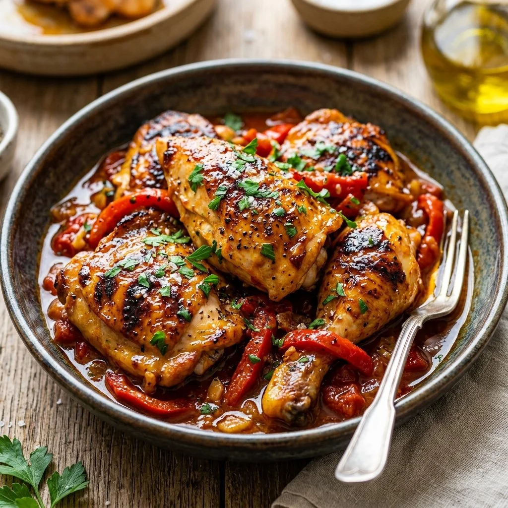 Plate of roasted red pepper chicken garnished with herbs and served with vegetables