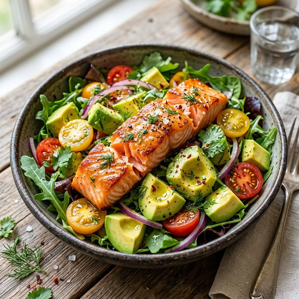 Fresh Salmon Avocado Salad with mixed greens and vinaigrette dressing