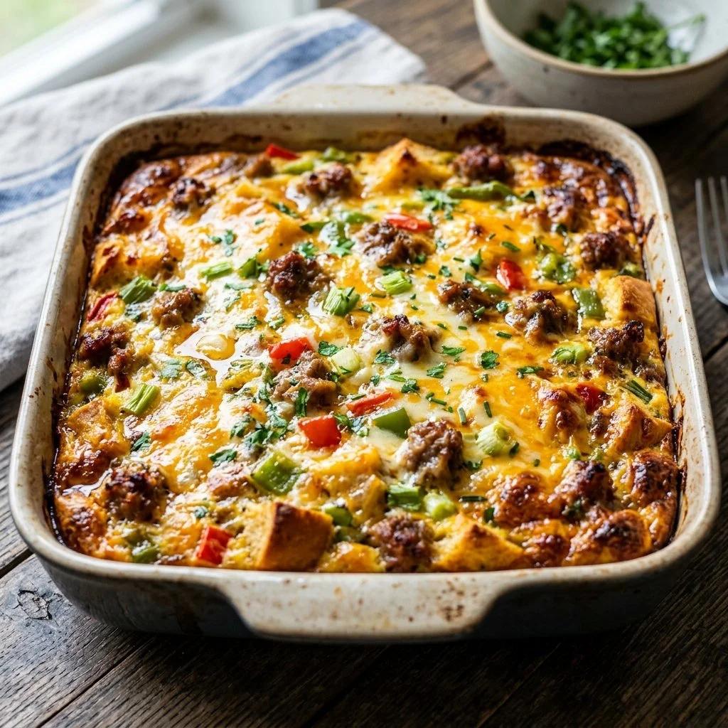 Delicious Sausage Breakfast Casserole served with herbs and cheese