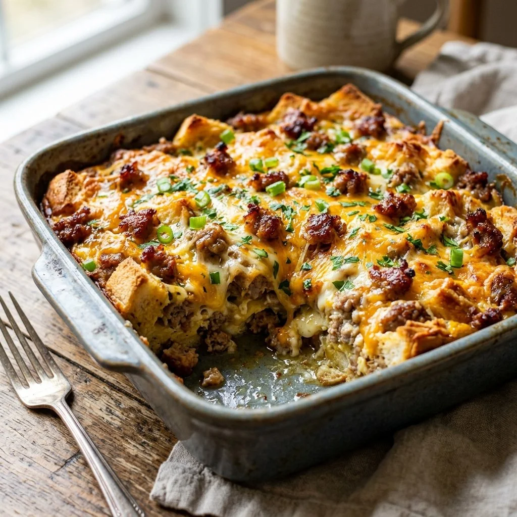 Delicious Sausage Breakfast Casserole topped with cheese and herbs