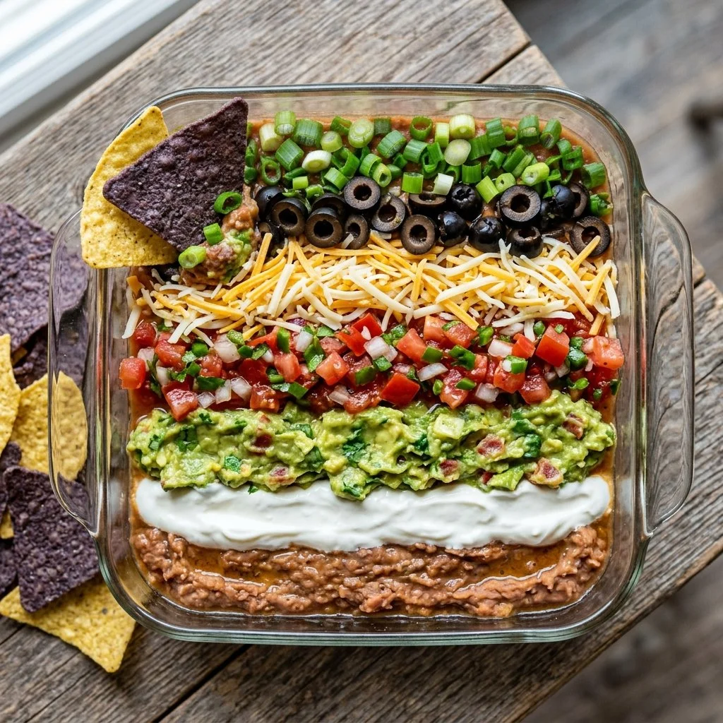 Delicious Seven Layer Dip with beans, guacamole, cheese, and fresh toppings