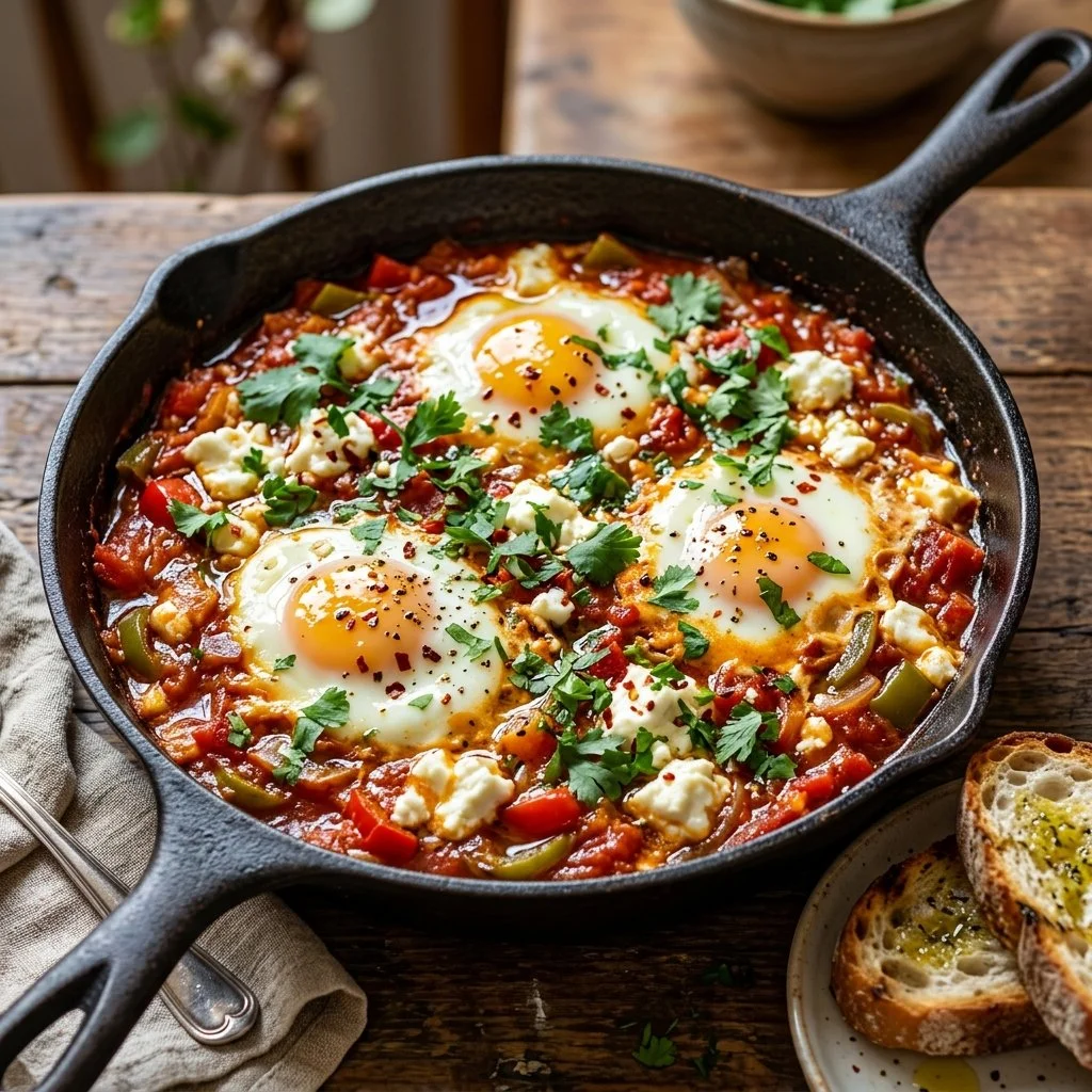 Delicious Shakshuka with feta served in a skillet, topped with herbs.