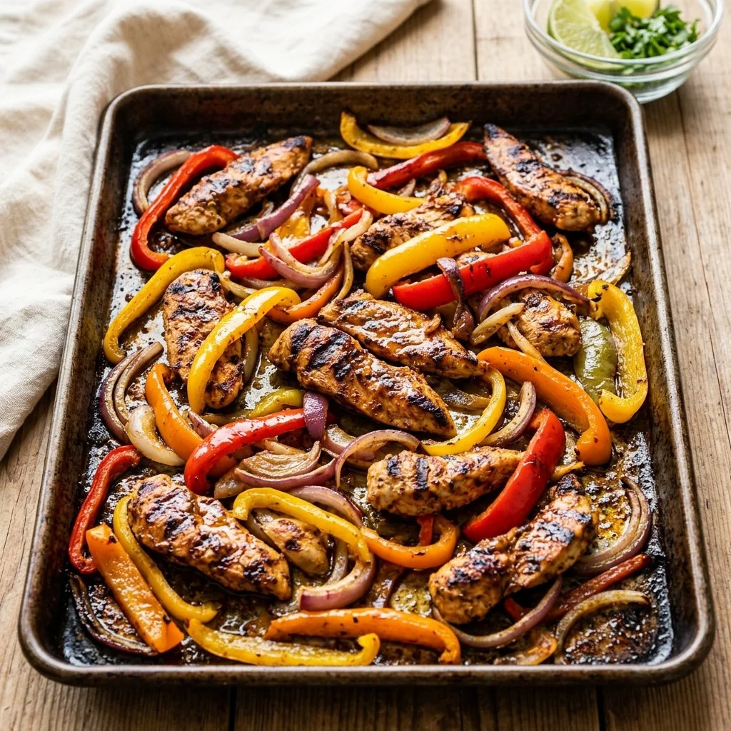 Sheet Pan Chicken Fajitas with colorful bell peppers and spices on a baking tray