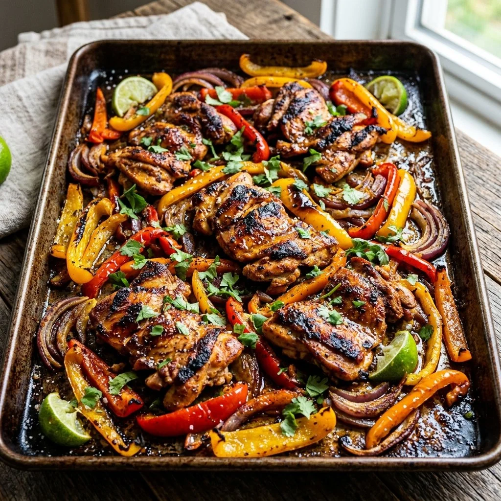 Delicious Sheet Pan Chicken Fajitas with grilled chicken and colorful peppers