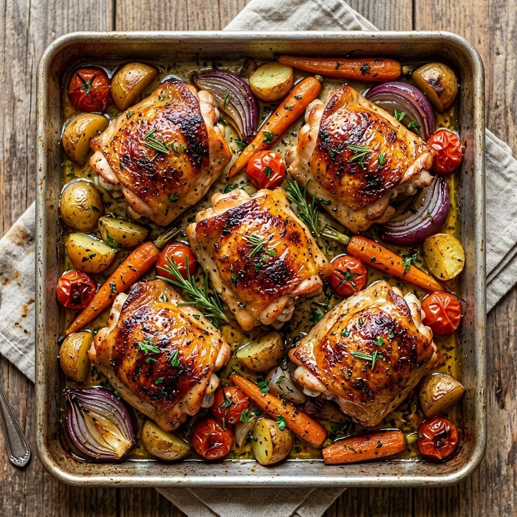 Sheet pan chicken thighs roasted with vegetables for a quick, delicious meal