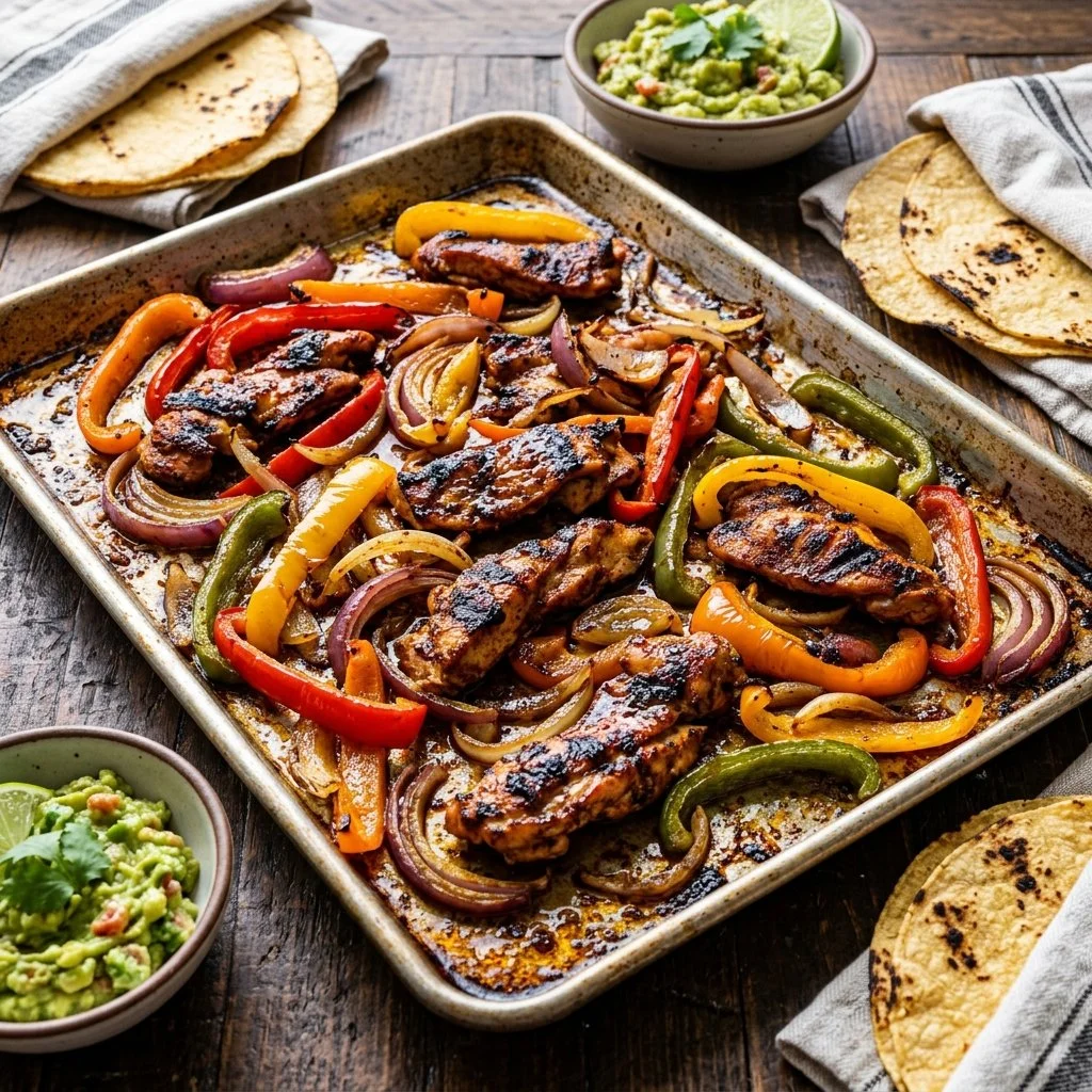 Colorful sheet pan fajitas with chicken and vegetables ready to serve