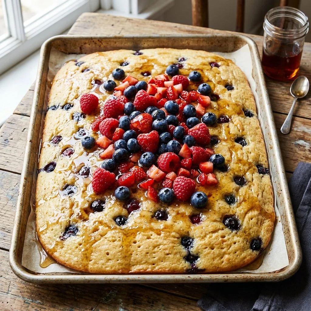 Delicious homemade sheet pan pancakes ready to serve on a large platter