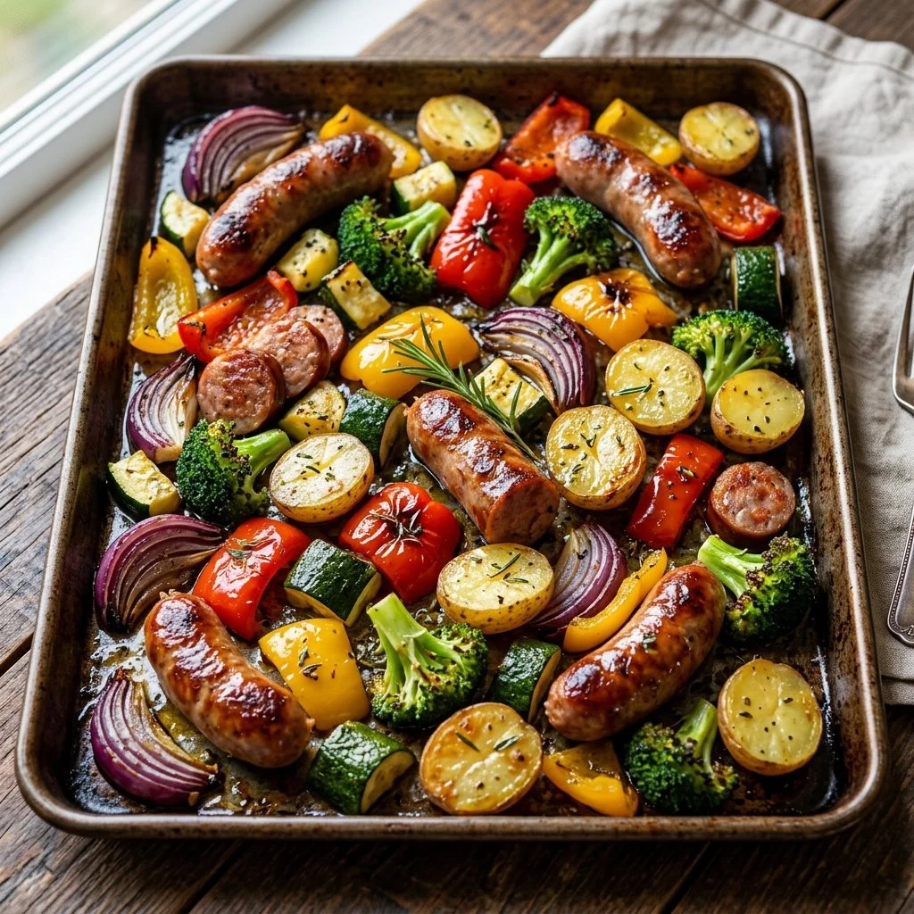 A flavorful sheet pan of sausage and assorted veggies ready to be served.