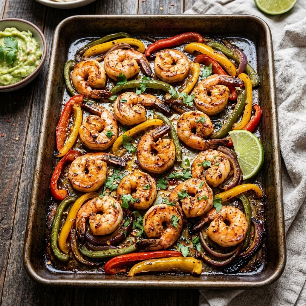 Delicious sheet pan shrimp fajitas with colorful vegetables ready to serve.
