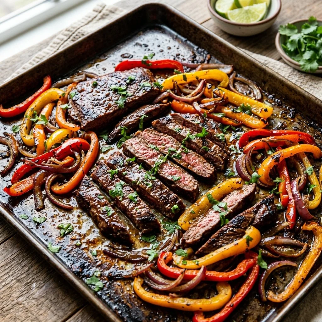 Sheet pan steak fajitas with colorful peppers and onions