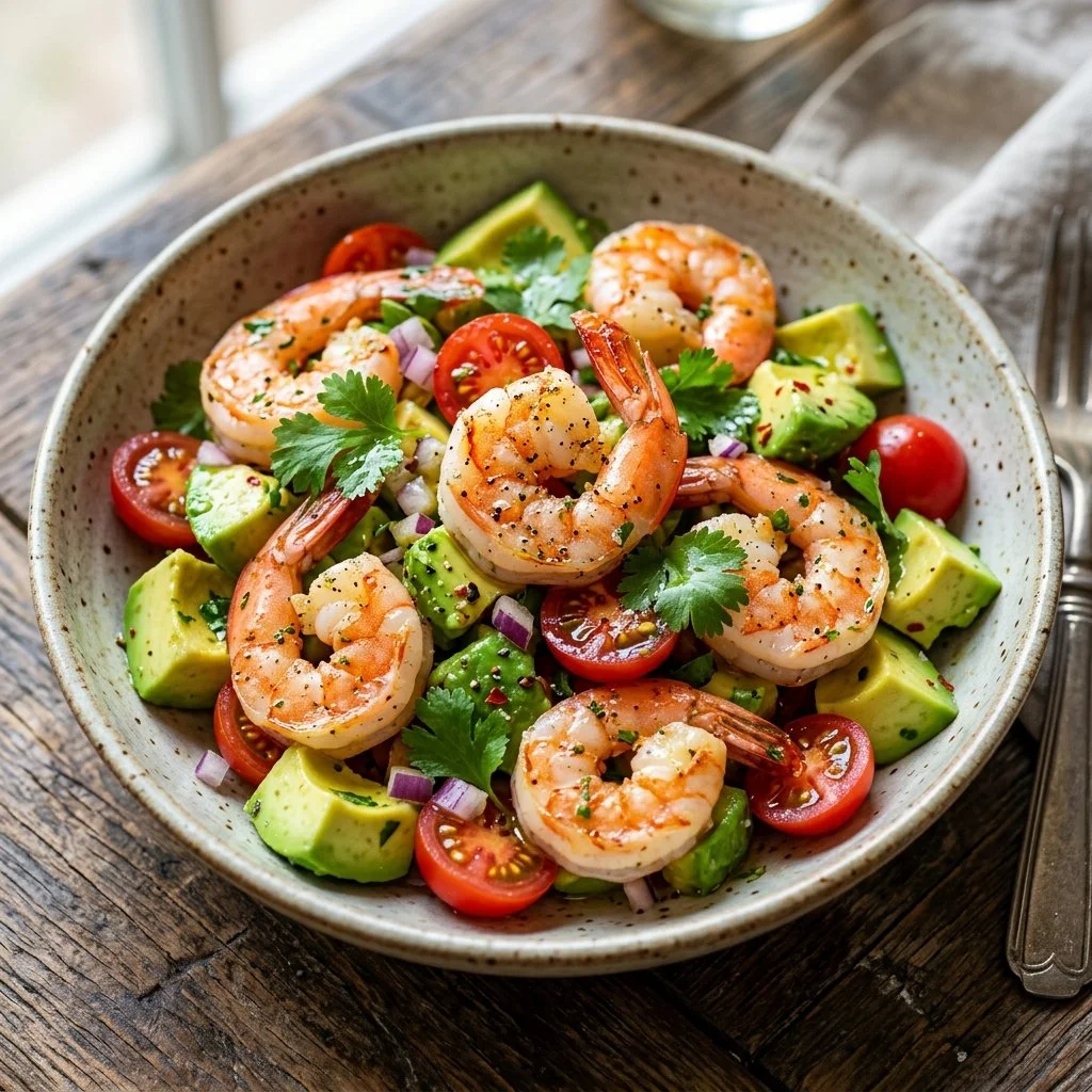Delicious shrimp avocado salad with fresh ingredients and vibrant colors.
