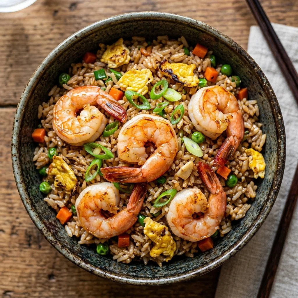 Delicious plate of shrimp fried rice with colorful vegetables and shrimp