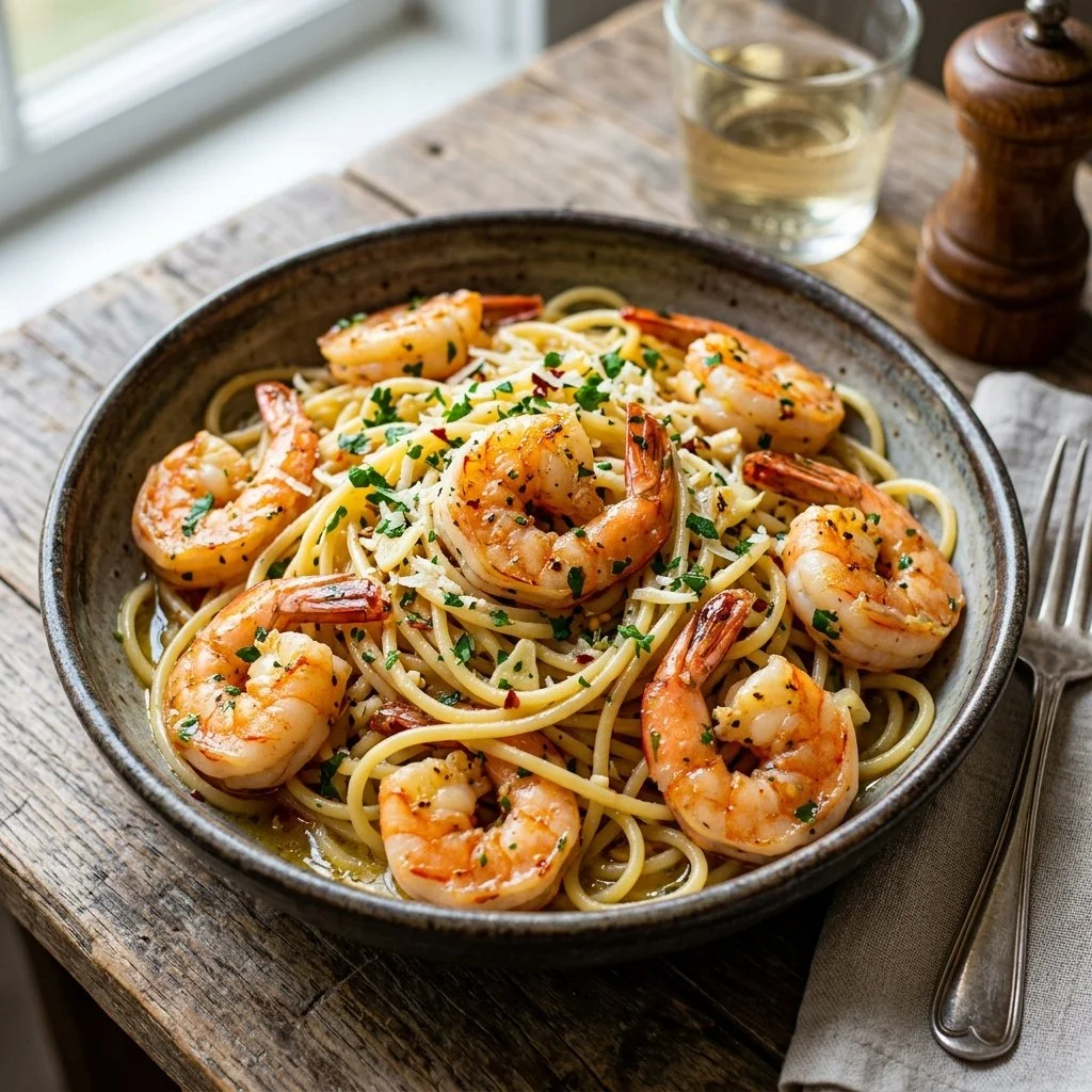 Plate of delicious Shrimp Scampi Pasta with garlic and butter sauce
