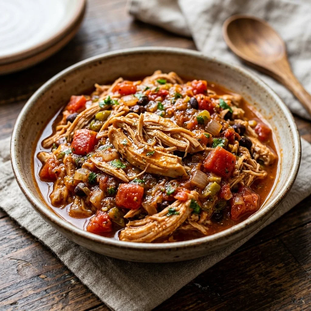 Delicious Slow Cooker Salsa Chicken served on a plate with fresh garnishes