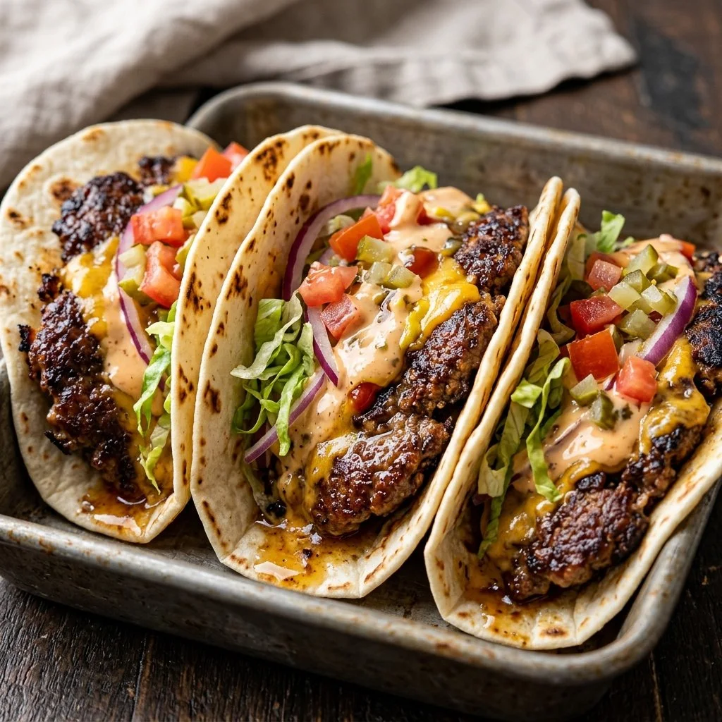 Delicious smash burger tacos topped with fresh ingredients and served on a plate