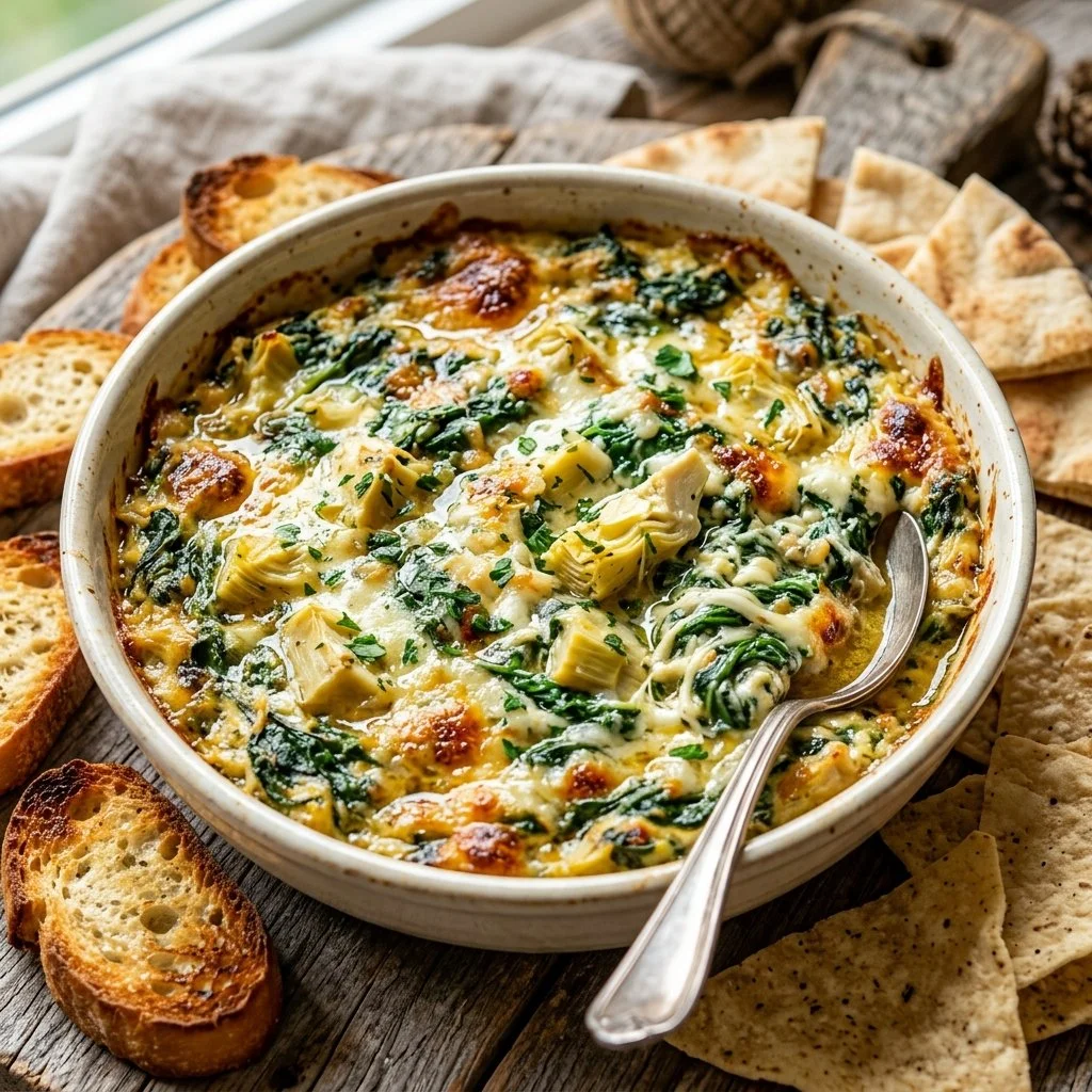 Delicious spinach artichoke dip served in a bowl with tortilla chips