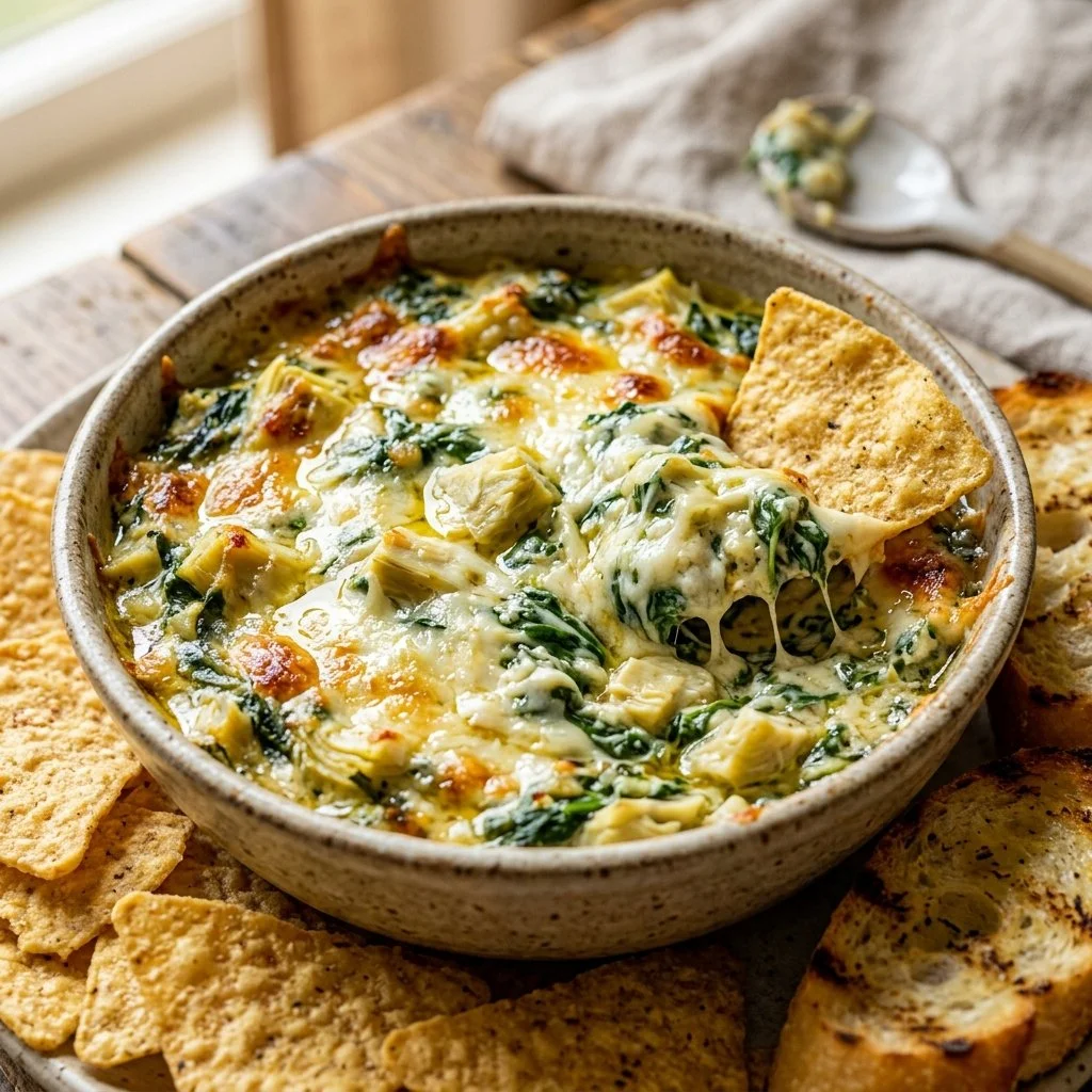 Creamy Spinach Artichoke Dip served in a bowl with fresh vegetables