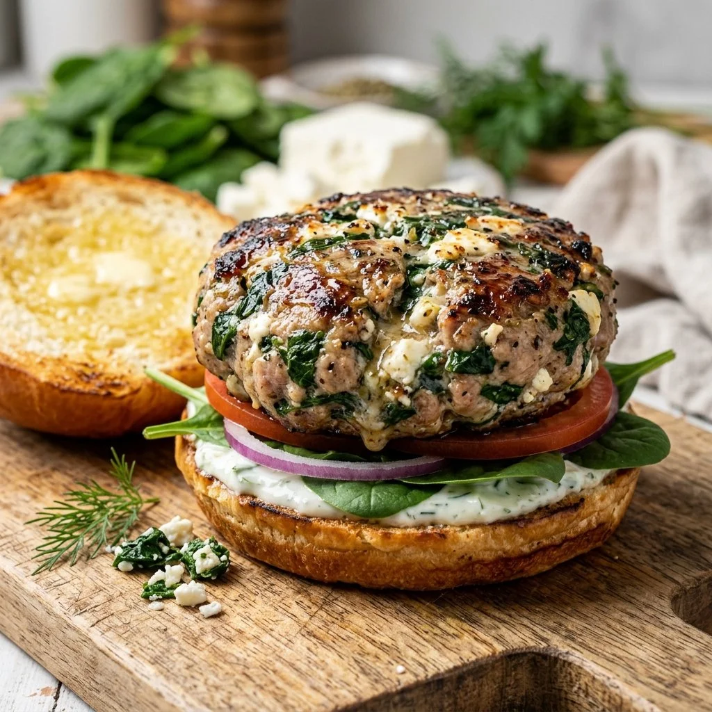 Spinach feta turkey burgers on a grill with fresh ingredients