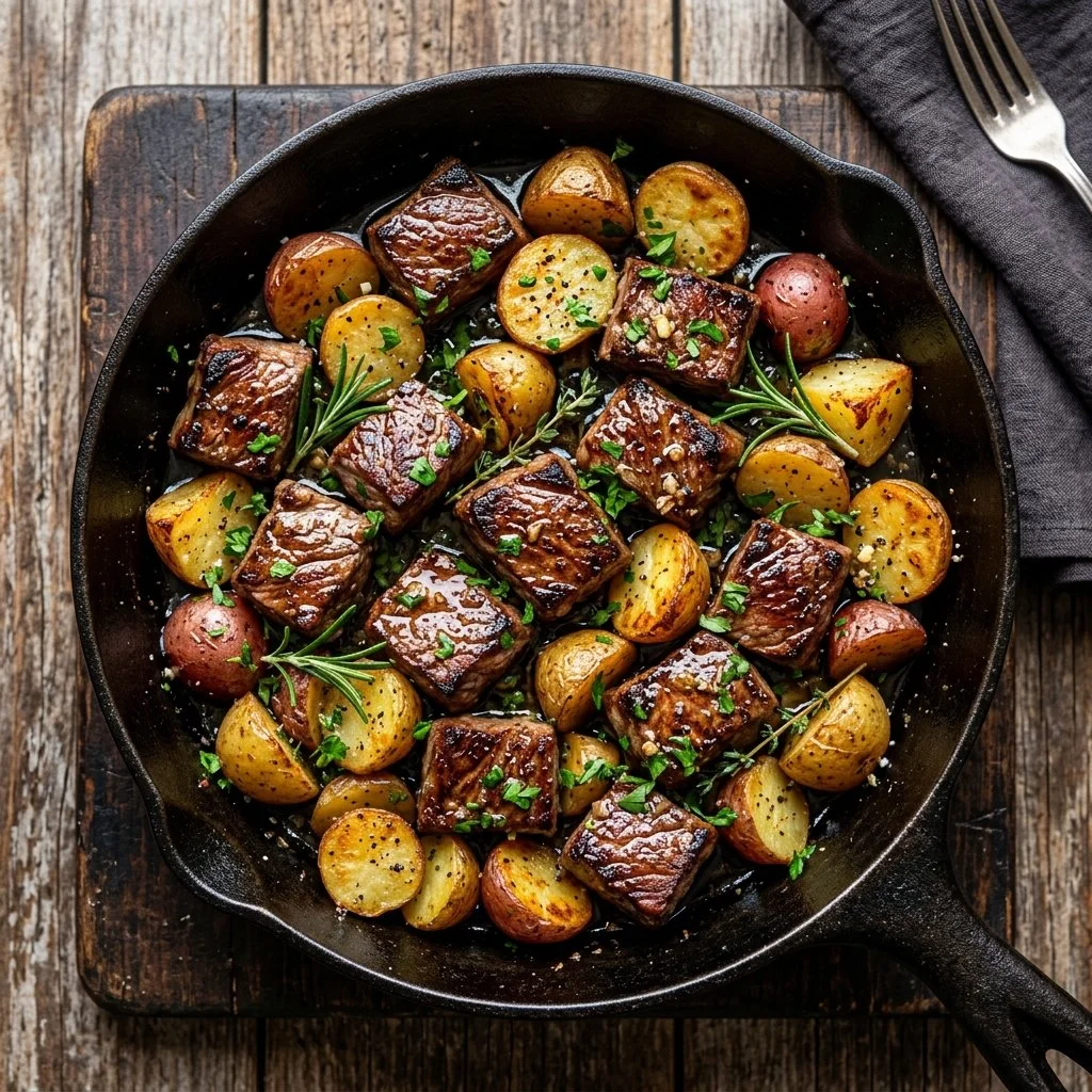 Delicious steak and potato skillet meal in a cast iron pan