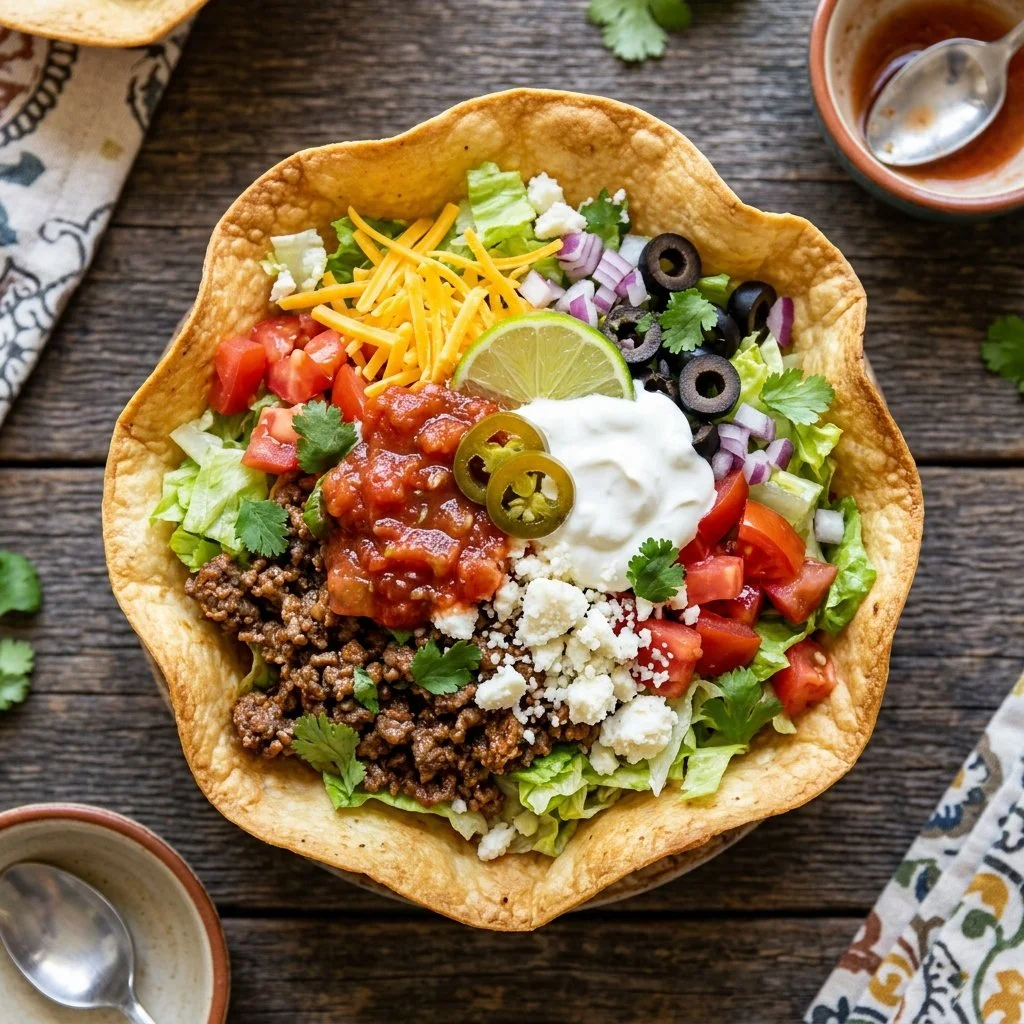 Colorful taco salad with fresh ingredients and toppings served in a bowl