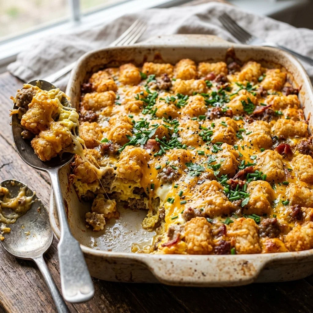 Tater Tot Breakfast Casserole baked with eggs, cheese, and toppings in a dish.