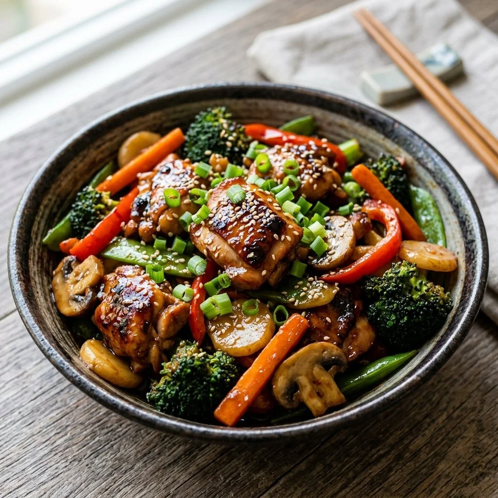 Delicious teriyaki chicken stir fry with vegetables in a bowl