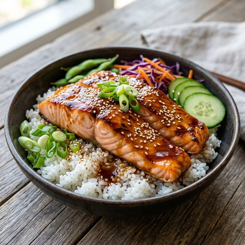 A vibrant Teriyaki Salmon Bowl with rice and vegetables