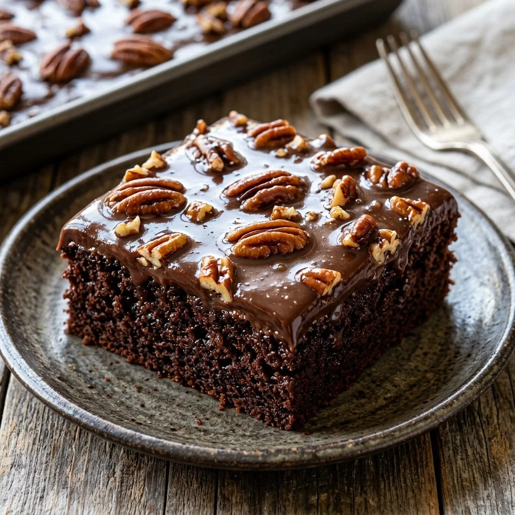 Deliciously moist and rich Texas Sheet Cake topped with chocolate frosting