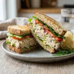Tuna salad sandwich on a plate with fresh ingredients and vegetables