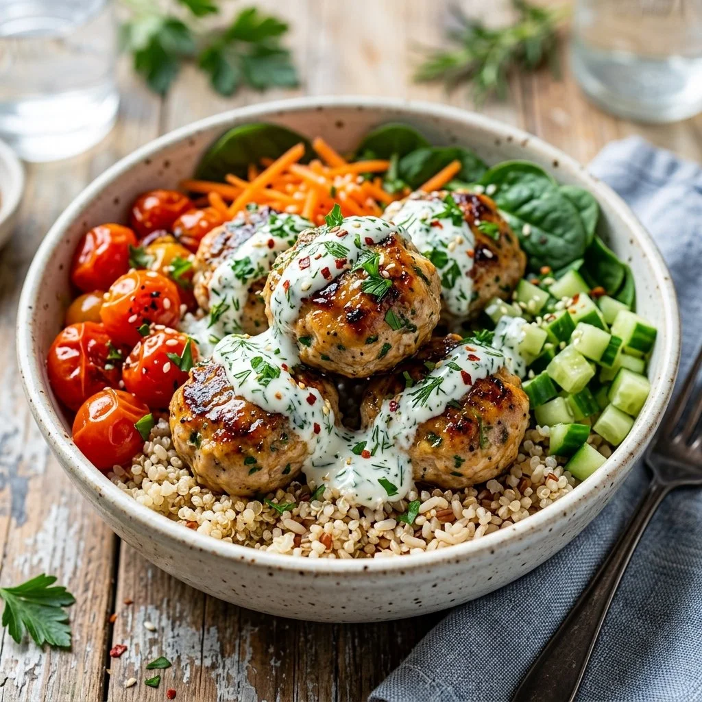 Healthy turkey meatball bowl with vegetables and sauce