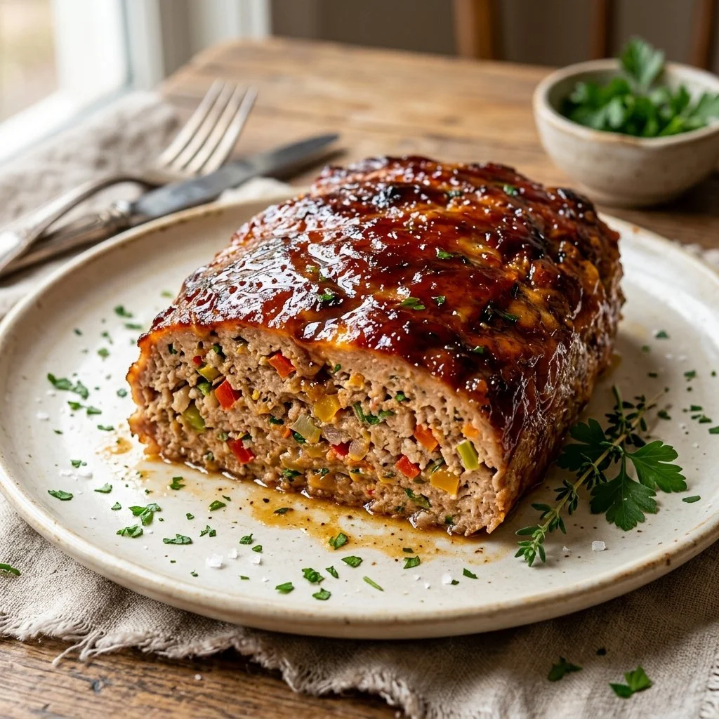 Delicious turkey meatloaf served with vegetables on a plate