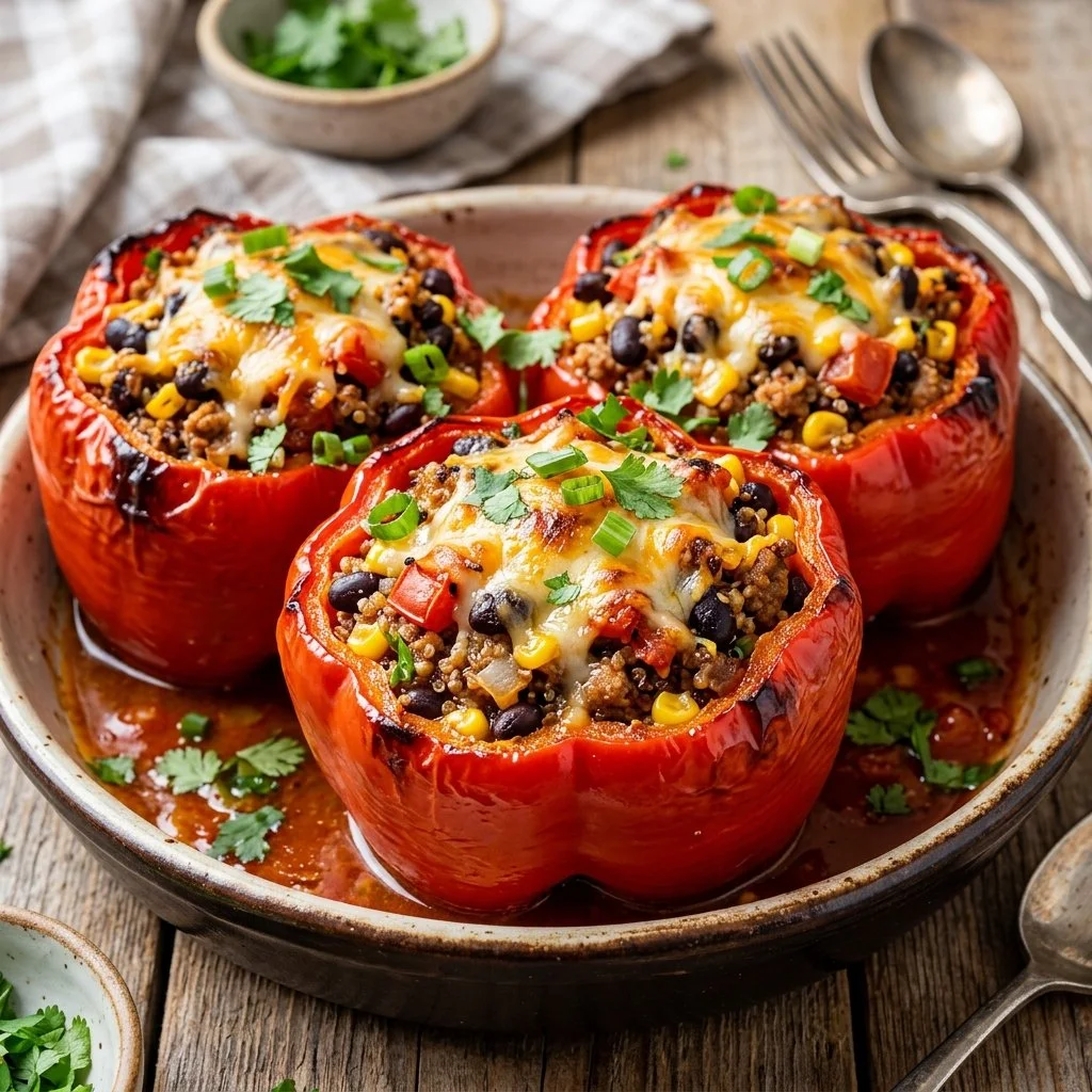 Healthy turkey stuffed peppers filled with savory ingredients and topped with cheese.