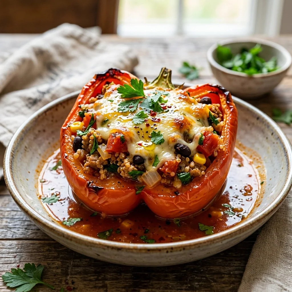 Turkey Stuffed Peppers filled with savory turkey and vegetables.