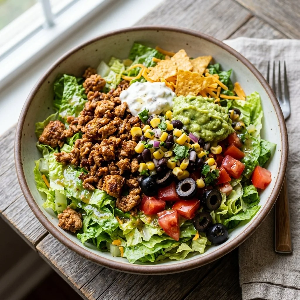 Delicious and colorful Turkey Taco Salad with fresh ingredients and toppings