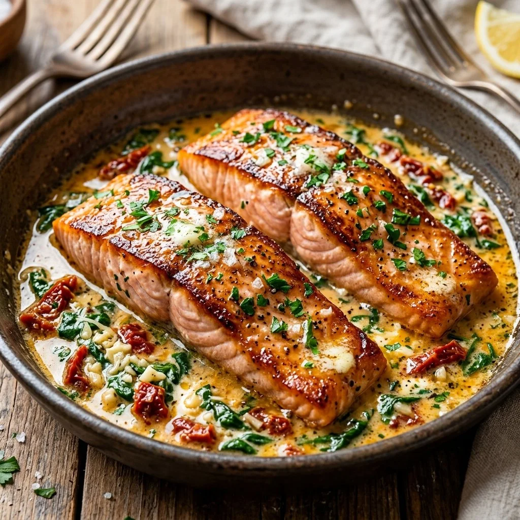 Delicious Tuscan Butter Salmon served with herbs and spices