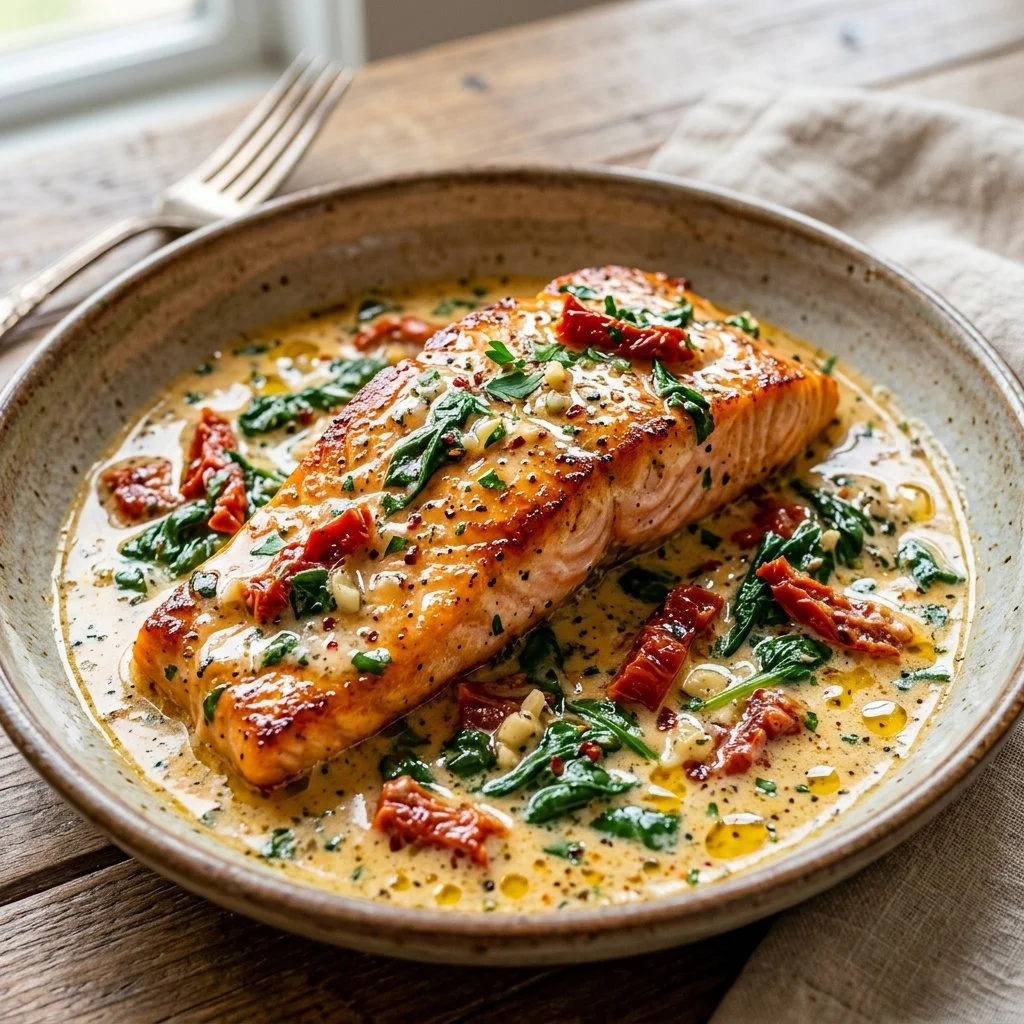 Tuscan Butter Salmon served with herbs and creamy sauce
