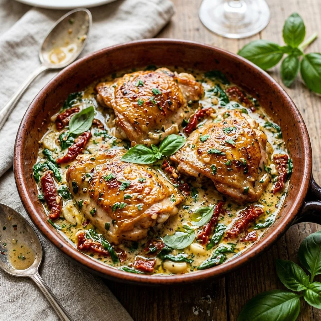Delicious Tuscan Garlic Chicken served with herbs and garlic sauce