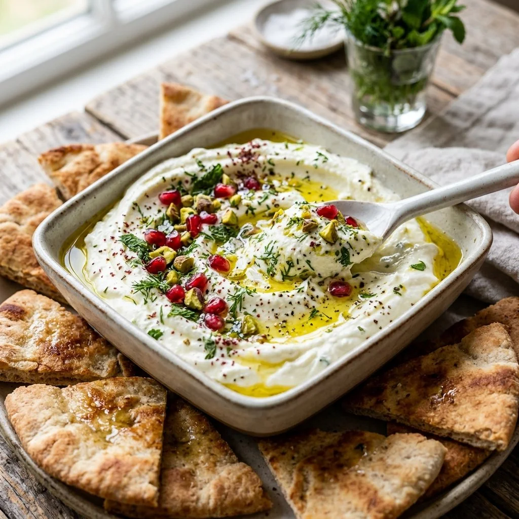 Delicious whipped feta dip served with fresh vegetables and pita bread.
