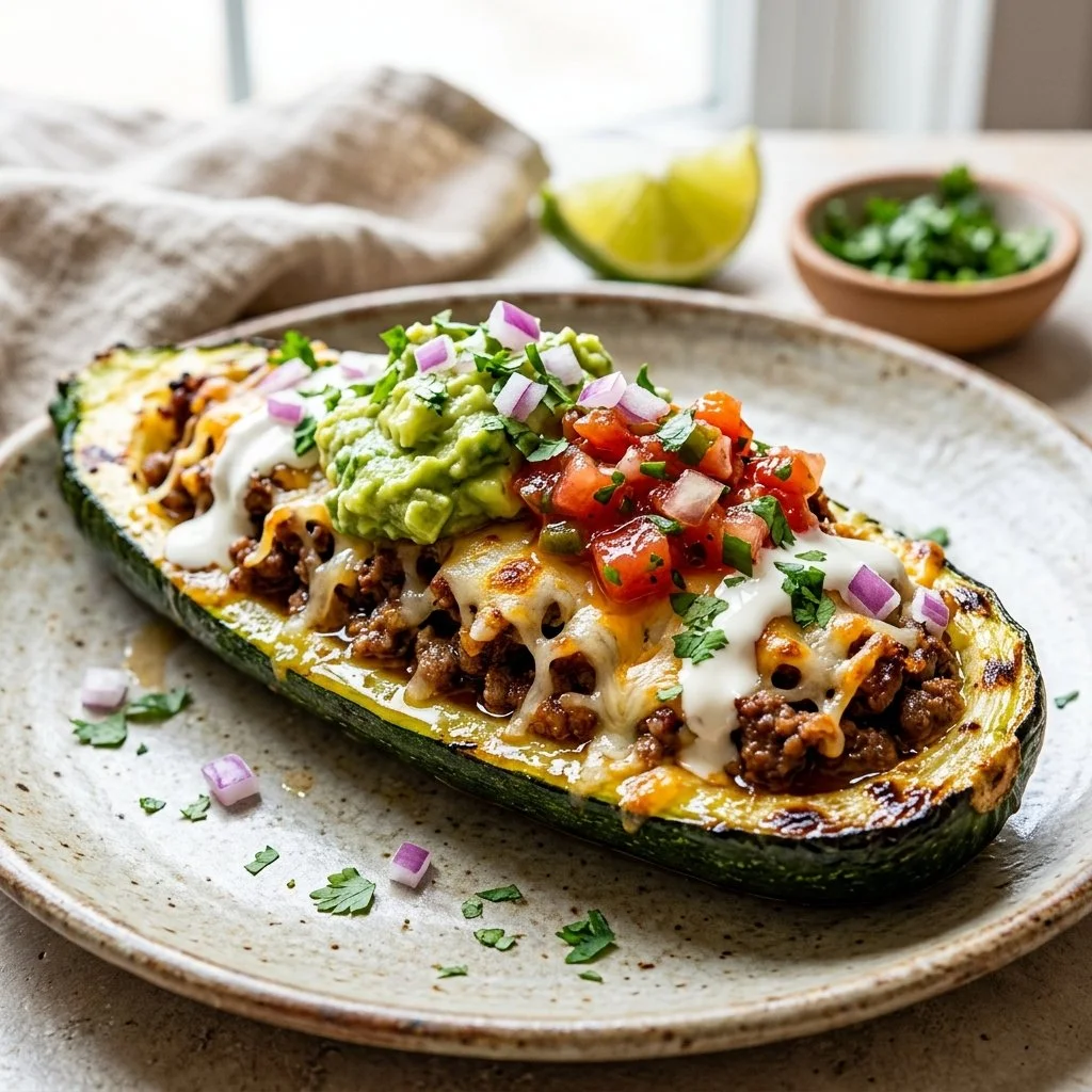 Zucchini boat tacos filled with fresh ingredients and served on a plate