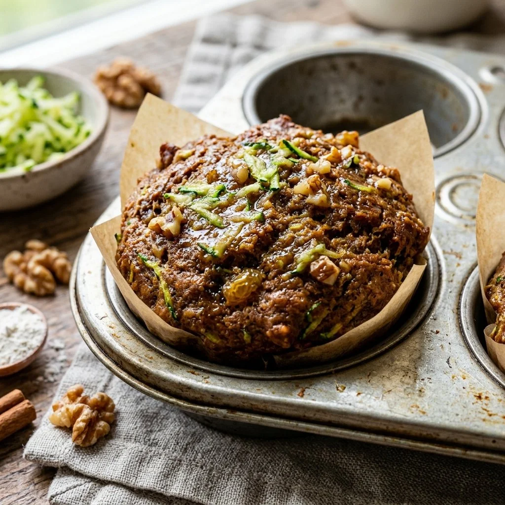 Homemade zucchini bread muffins on a wooden table