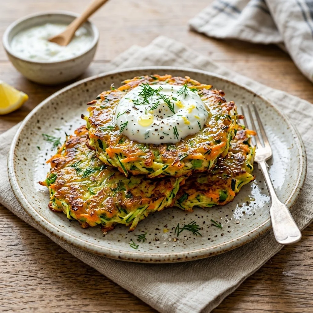 Crispy zucchini fritters served with a dipping sauce